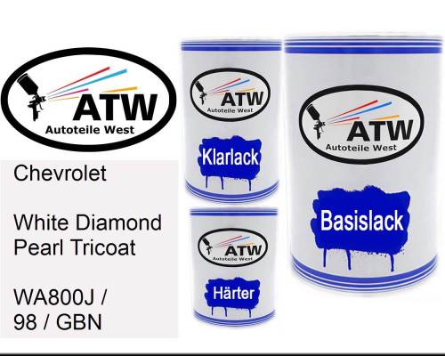 Chevrolet, White Diamond Pearl Tricoat, WA800J / 98 / GBN: 500ml Lackdose + 500ml Klarlack + 250ml Härter - Set, von ATW Autoteile West.